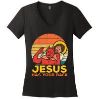 Retro Christian Jesus Has Your Back Jiu Jitsu Women's V-Neck T-Shirt