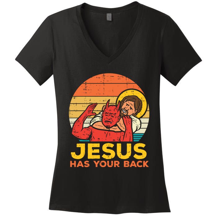 Retro Christian Jesus Has Your Back Jiu Jitsu Women's V-Neck T-Shirt