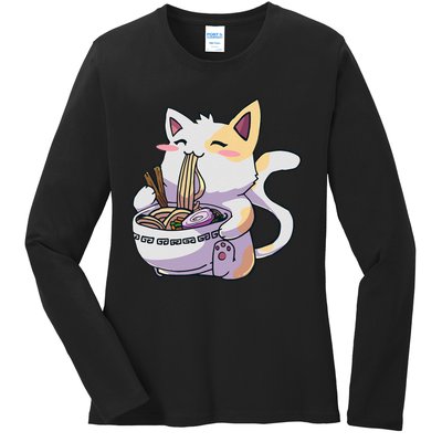 Ramen Cat Kawaii Anime Japanese Kawaii Neko Ladies Long Sleeve Shirt