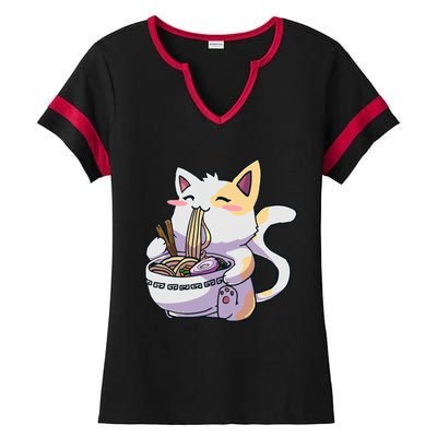 Ramen Cat Kawaii Anime Japanese Kawaii Neko Ladies Halftime Notch Neck Tee