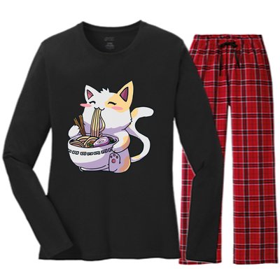 Ramen Cat Kawaii Anime Japanese Kawaii Neko Women's Long Sleeve Flannel Pajama Set 