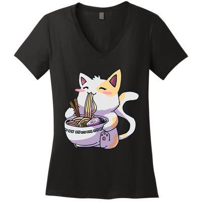 Ramen Cat Kawaii Anime Japanese Kawaii Neko Women's V-Neck T-Shirt