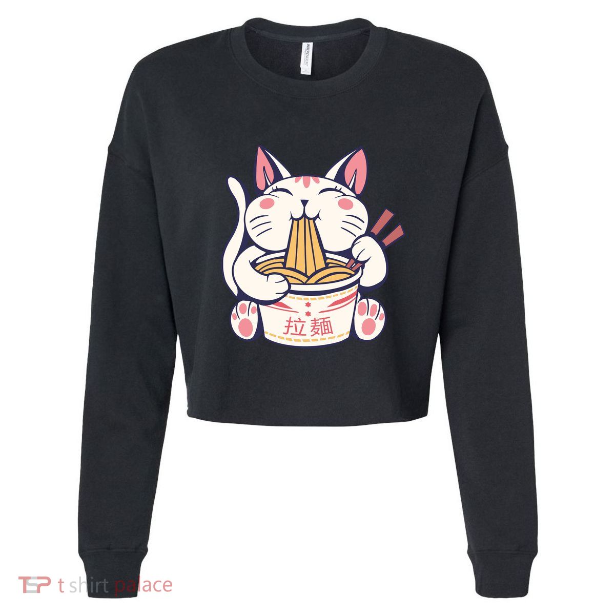Ramen Cat Kawaii Anime Japanese Kawaii Neko Cropped Pullover Crew
