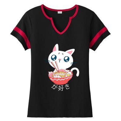 Ramen Cat Kawaii Anime Japanese Kawaii Neko Ladies Halftime Notch Neck Tee