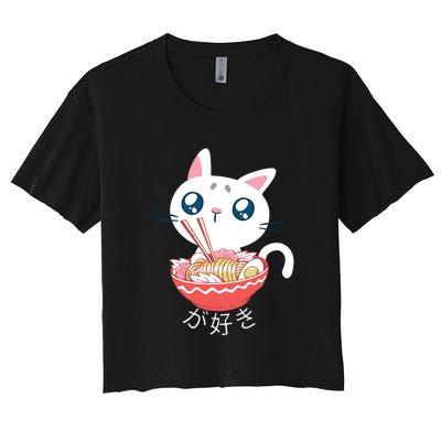 Ramen Cat Kawaii Anime Japanese Kawaii Neko Women's Crop Top Tee