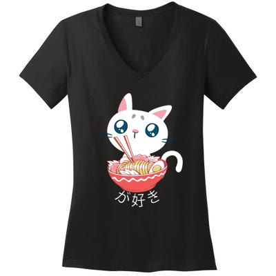 Ramen Cat Kawaii Anime Japanese Kawaii Neko Women's V-Neck T-Shirt