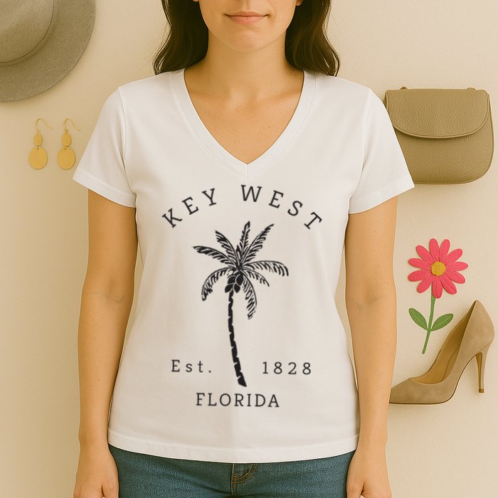 Retro Cool Key West Florida Palm Tree Novelty Women's V-Neck T-Shirt