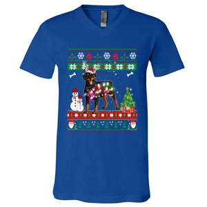 Rottweiler Christmas Lights Funny Xmas Dog Gift V-Neck T-Shirt