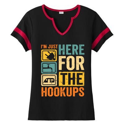 Rv Camping Lover Just Here For Hookups Retro Camper Funny Ladies Halftime Notch Neck Tee