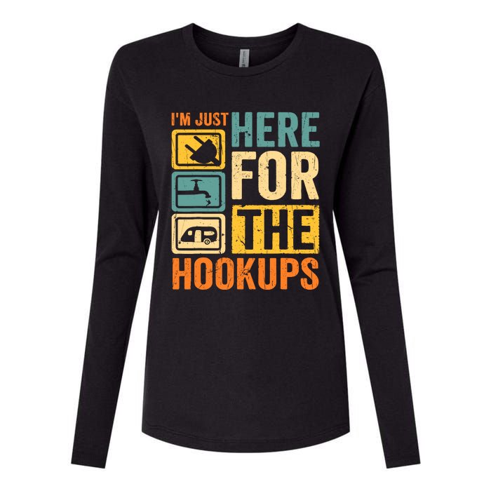 Rv Camping Lover Just Here For Hookups Retro Camper Funny Womens Cotton Relaxed Long Sleeve T-Shirt