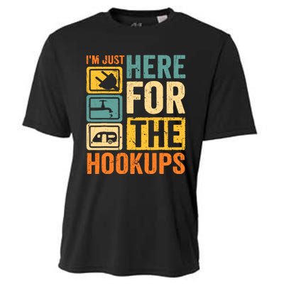 Rv Camping Lover Just Here For Hookups Retro Camper Funny Cooling Performance Crew T-Shirt