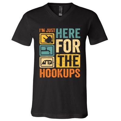 Rv Camping Lover Just Here For Hookups Retro Camper Funny V-Neck T-Shirt