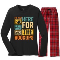 Rv Camping Lover Just Here For Hookups Retro Camper Funny Women's Long Sleeve Flannel Pajama Set 