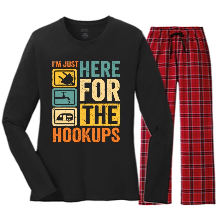 Rv Camping Lover Just Here For Hookups Retro Camper Funny Women's Long Sleeve Flannel Pajama Set 