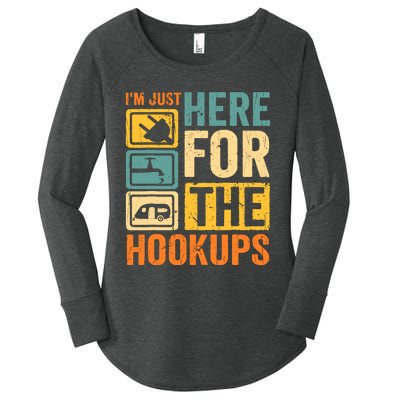 Rv Camping Lover Just Here For Hookups Retro Camper Funny Women's Perfect Tri Tunic Long Sleeve Shirt