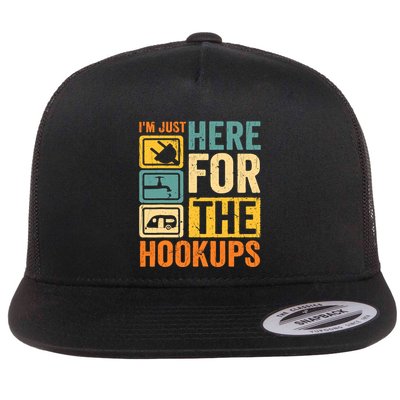 Rv Camping Lover Just Here For Hookups Retro Camper Funny Flat Bill Trucker Hat