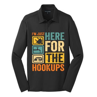 Rv Camping Lover Just Here For Hookups Retro Camper Funny Silk Touch Performance Long Sleeve Polo