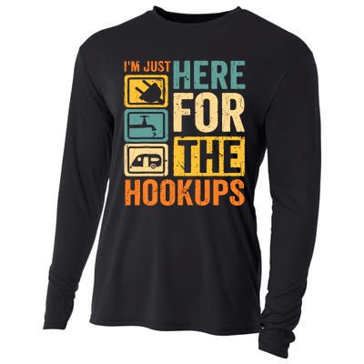 Rv Camping Lover Just Here For Hookups Retro Camper Funny Cooling Performance Long Sleeve Crew