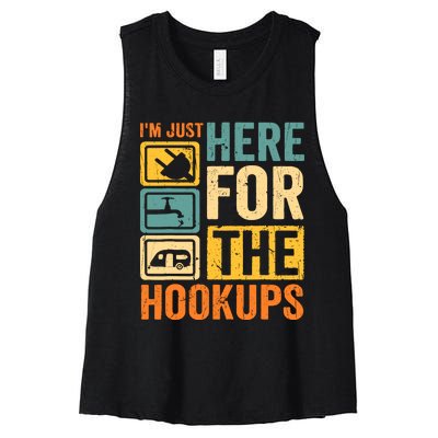 Rv Camping Lover Just Here For Hookups Retro Camper Funny Women's Racerback Cropped Tank