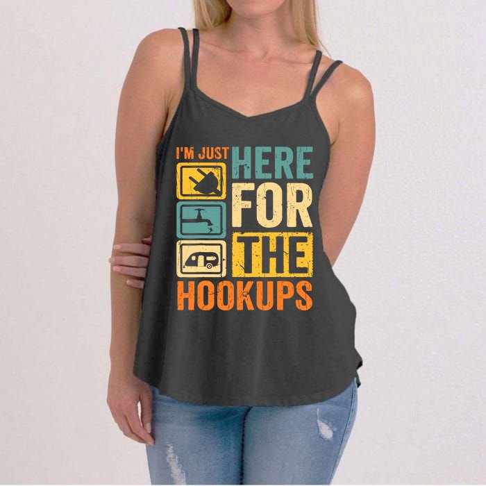 Rv Camping Lover Just Here For Hookups Retro Camper Funny Women's Strappy Tank