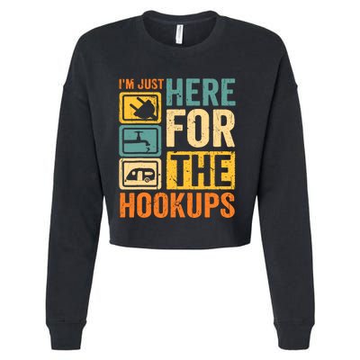 Rv Camping Lover Just Here For Hookups Retro Camper Funny Cropped Pullover Crew