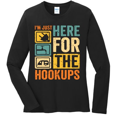 Rv Camping Lover Just Here For Hookups Retro Camper Funny Ladies Long Sleeve Shirt