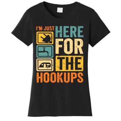 Rv Camping Lover Just Here For Hookups Retro Camper Funny Women's T-Shirt