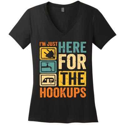 Rv Camping Lover Just Here For Hookups Retro Camper Funny Women's V-Neck T-Shirt