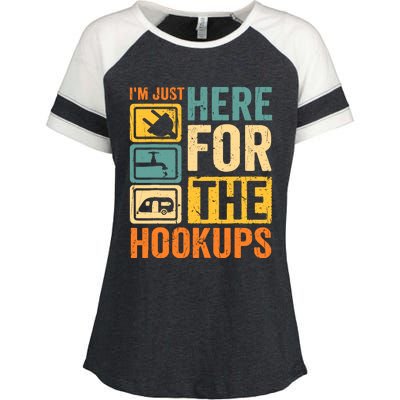 Rv Camping Lover Just Here For Hookups Retro Camper Funny Enza Ladies Jersey Colorblock Tee