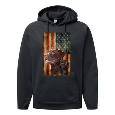 Retro Chocolate Lab With Usa Flag Gift Chocolate Lab Dad Mom Performance Fleece Hoodie