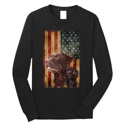 Retro Chocolate Lab With Usa Flag Gift Chocolate Lab Dad Mom Long Sleeve Shirt