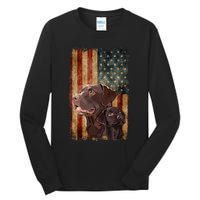 Retro Chocolate Lab With Usa Flag Gift Chocolate Lab Dad Mom Tall Long Sleeve T-Shirt