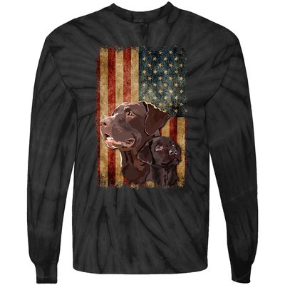 Retro Chocolate Lab With Usa Flag Gift Chocolate Lab Dad Mom Tie-Dye Long Sleeve Shirt