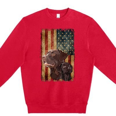 Retro Chocolate Lab With Usa Flag Gift Chocolate Lab Dad Mom Premium Crewneck Sweatshirt