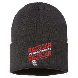 Race Car Lovers Car Racing Apparel Racecar Spelled Backwards Sustainable Knit Beanie