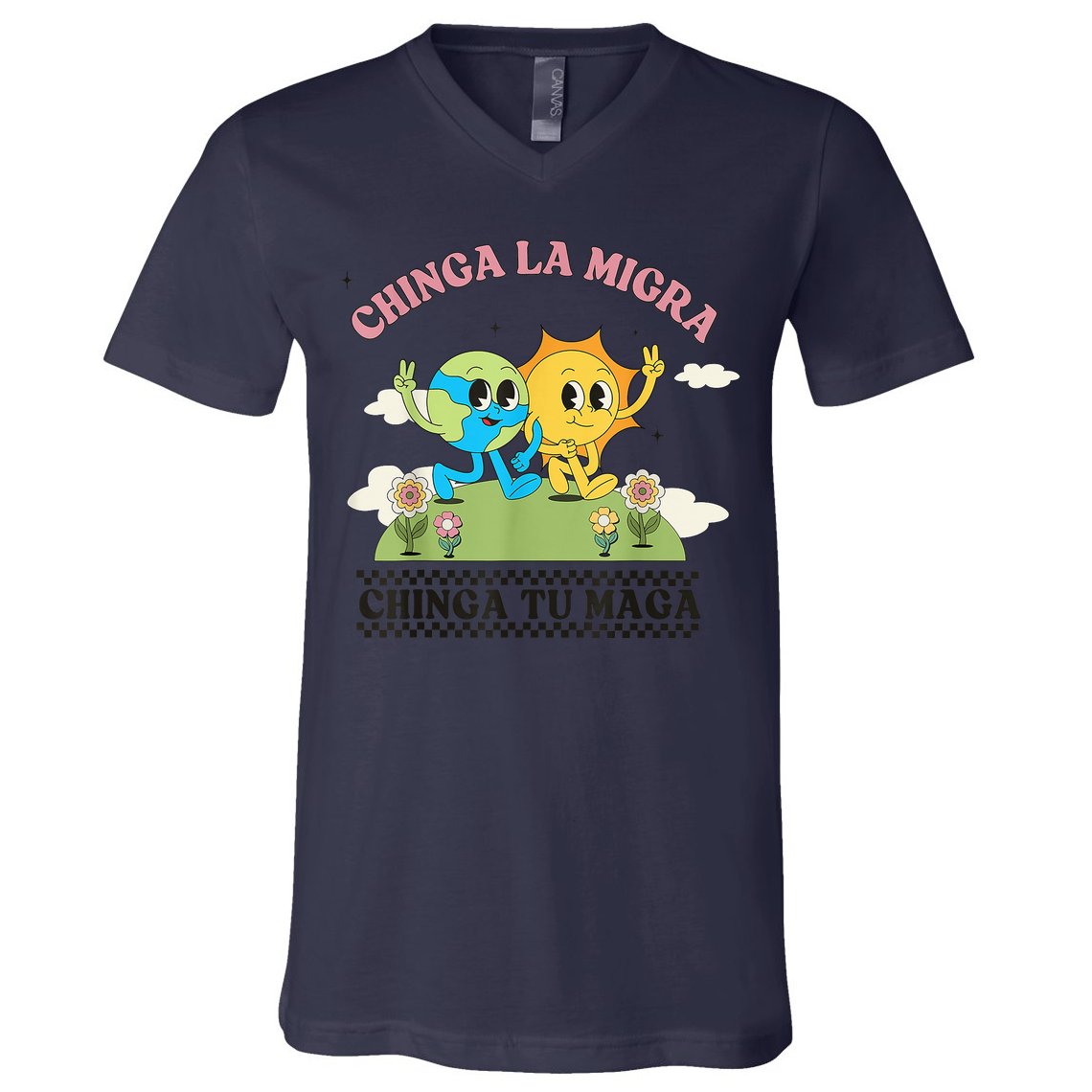 Retro Chinga La Migra Chinga Tu Maga V-Neck T-Shirt
