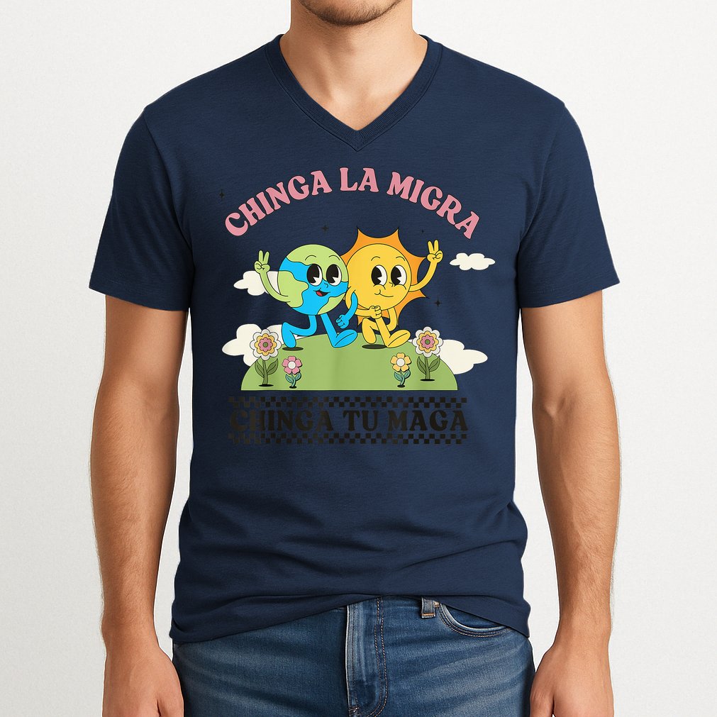 Retro Chinga La Migra Chinga Tu Maga V-Neck T-Shirt