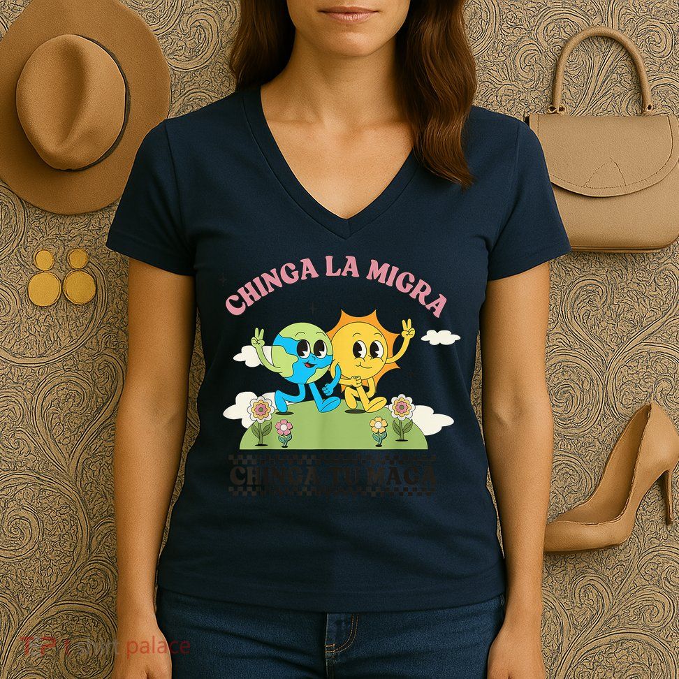 Retro Chinga La Migra Chinga Tu Maga Women's V-Neck T-Shirt