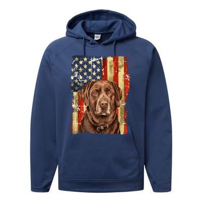 Retro Chocolate Lab With Usa Flag Gift Chocolate Lab Dad Mom Performance Fleece Hoodie