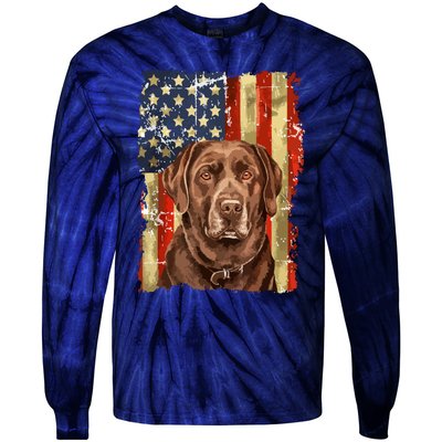 Retro Chocolate Lab With Usa Flag Gift Chocolate Lab Dad Mom Tie-Dye Long Sleeve Shirt