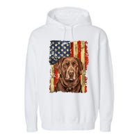 Retro Chocolate Lab With Usa Flag Gift Chocolate Lab Dad Mom Garment-Dyed Fleece Hoodie