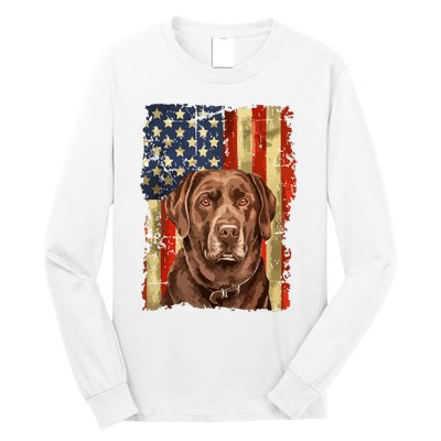 Retro Chocolate Lab With Usa Flag Gift Chocolate Lab Dad Mom Long Sleeve Shirt