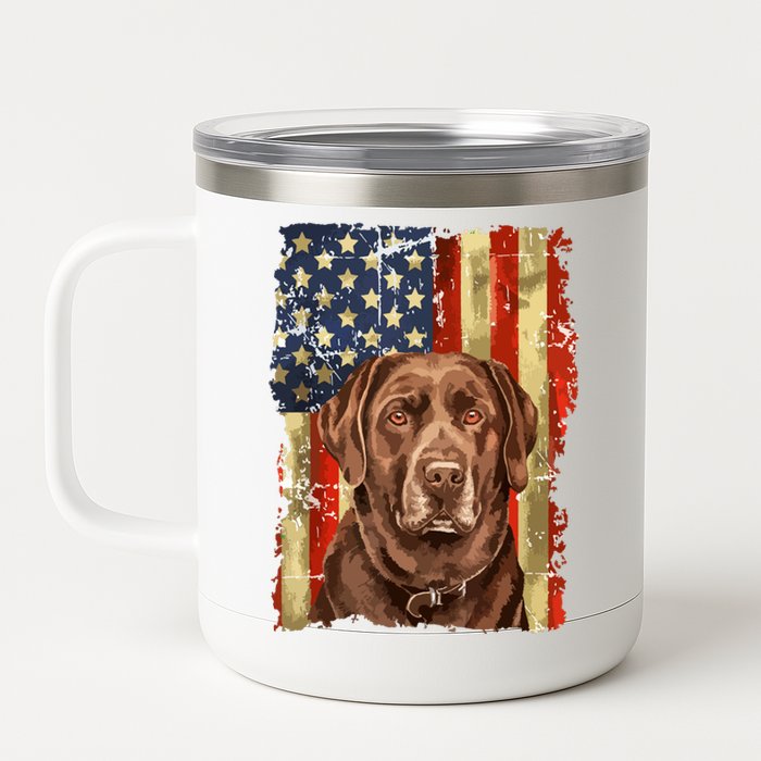 Retro Chocolate Lab With Usa Flag Gift Chocolate Lab Dad Mom 12 oz Stainless Steel Tumbler Cup