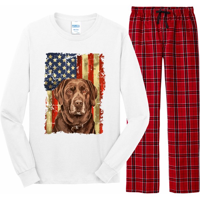 Retro Chocolate Lab With Usa Flag Gift Chocolate Lab Dad Mom Long Sleeve Pajama Set