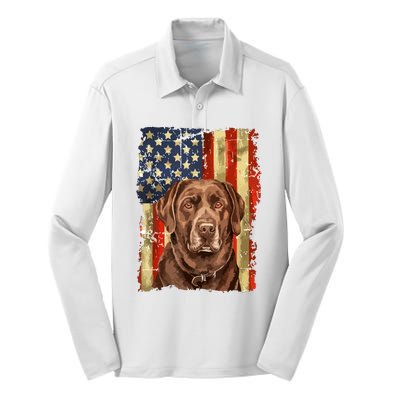 Retro Chocolate Lab With Usa Flag Gift Chocolate Lab Dad Mom Silk Touch Performance Long Sleeve Polo