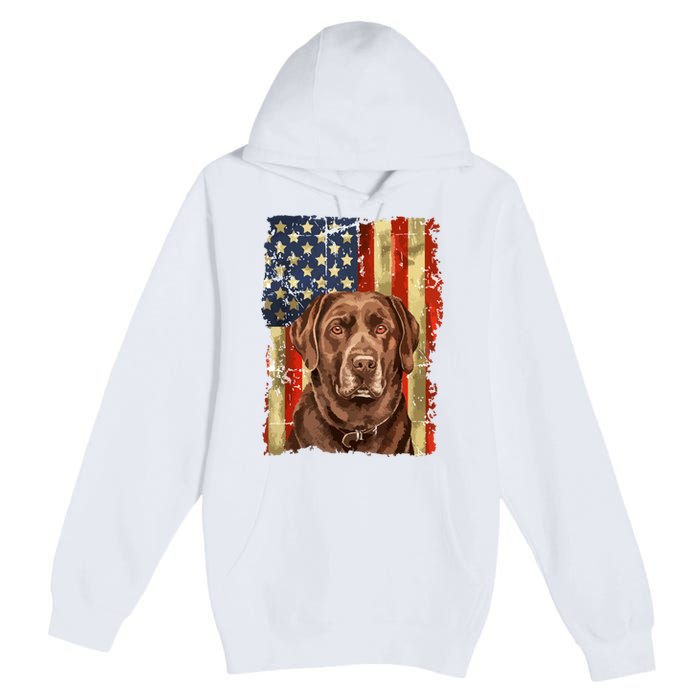 Retro Chocolate Lab With Usa Flag Gift Chocolate Lab Dad Mom Premium Pullover Hoodie