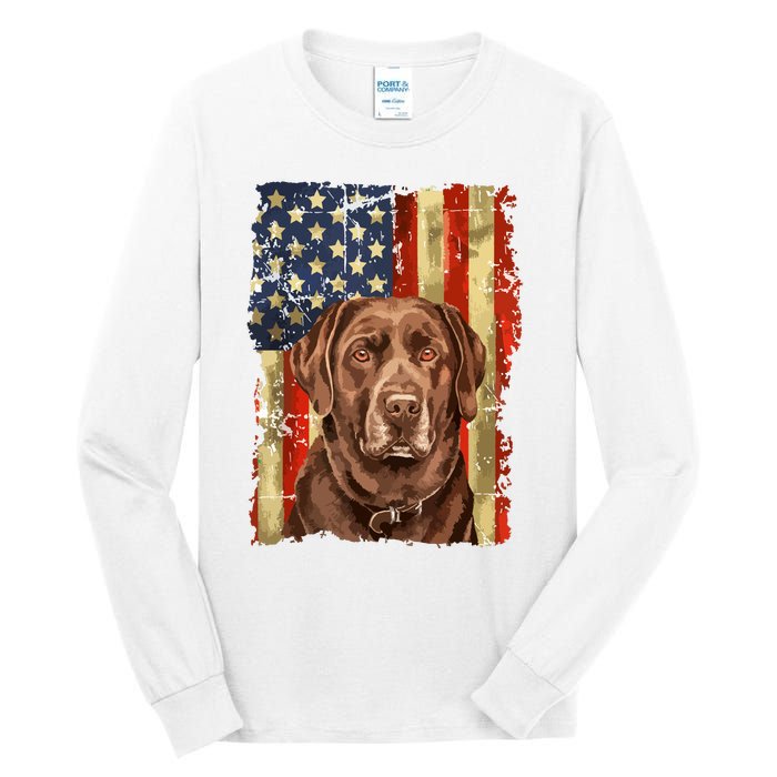 Retro Chocolate Lab With Usa Flag Gift Chocolate Lab Dad Mom Tall Long Sleeve T-Shirt