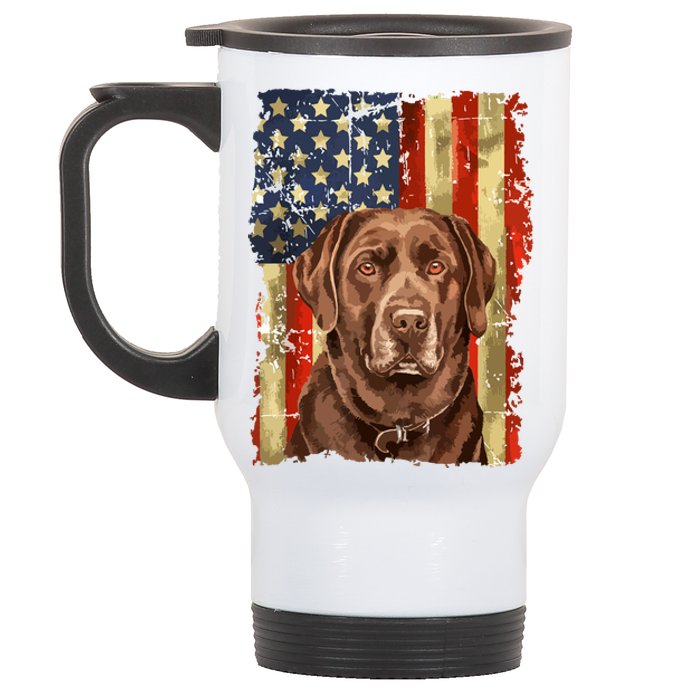 Retro Chocolate Lab With Usa Flag Gift Chocolate Lab Dad Mom Stainless Steel Travel Mug