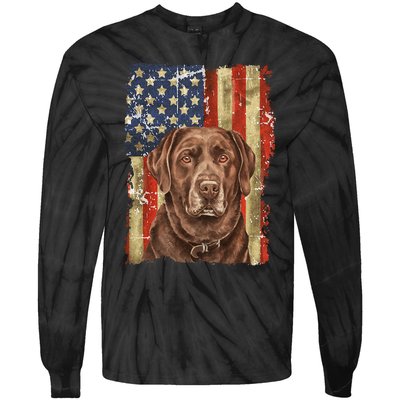 Retro Chocolate Lab With USA Flag Gift Chocolate Lab Dad Mom  Tie-Dye Long Sleeve Shirt