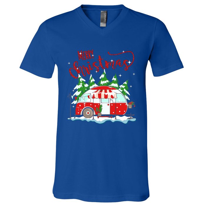 Rvs Camping Merry Christmas Funny Camper Tree Xmas Snow Funny Gift V-Neck T-Shirt